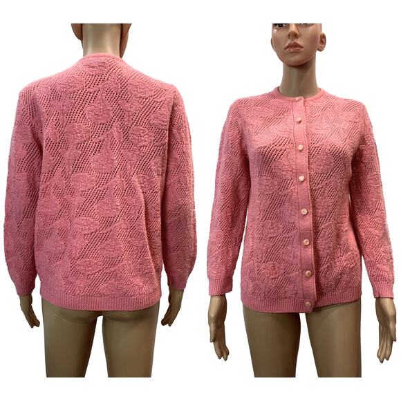 70s Granny Cardigan Pink/Salmon Open Knit Floral Sweater | S - Picture 1 of 12